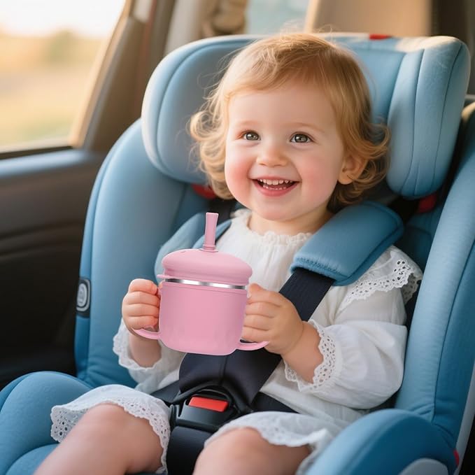 BUSOHA Stainless Steel Toddler Sippy Cup ??8oz Spill-Proof Straw Cup for 6+ Month Babies & Toddlers, 3-in-1 Reusable Travel Cup with Brush ??Dishwasher Safe, Kids Drinking Cup, Pink