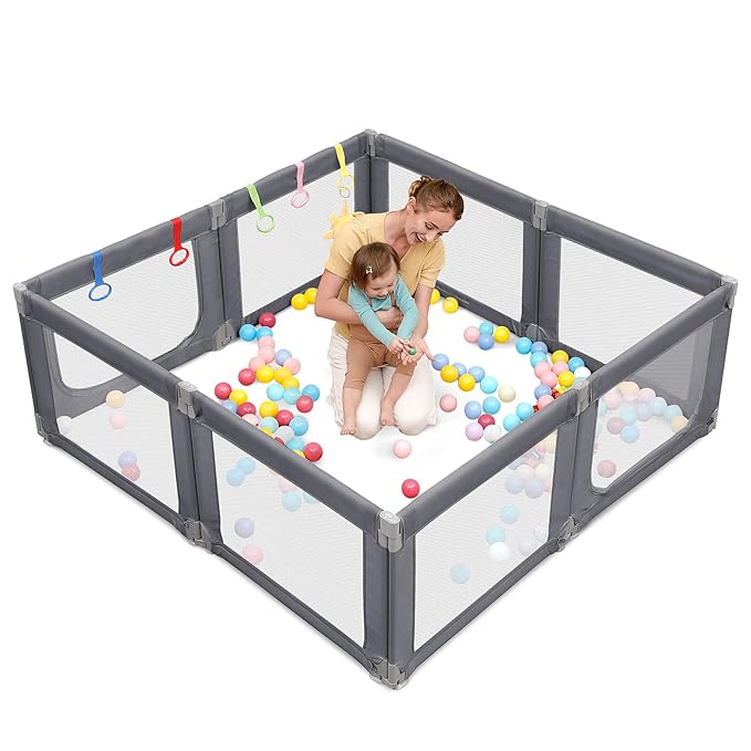 Dripex Portable Folding Playpen, 71"×69" Extra Large Baby Playpen, Indoor/Outdoor Safety Gate ??Collapsible Play Pen with Dual Gates & Breathable Mesh, Grey