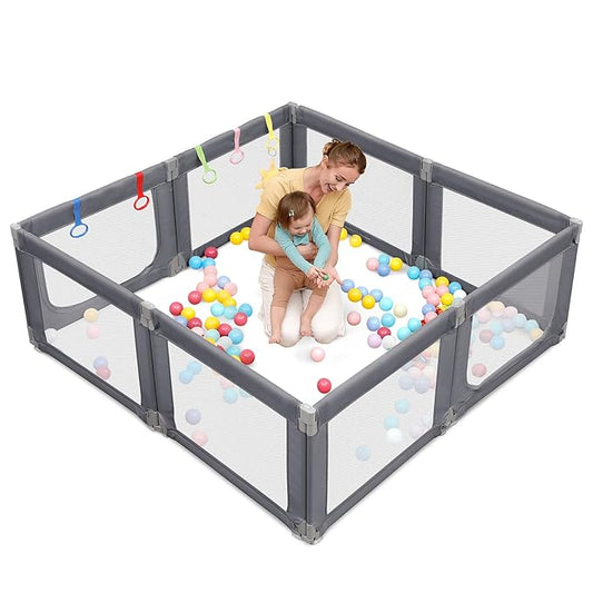 Dripex Portable Folding Playpen, 71"×69" Extra Large Baby Playpen, Indoor/Outdoor Safety Gate ??Collapsible Play Pen with Dual Gates & Breathable Mesh, Grey
