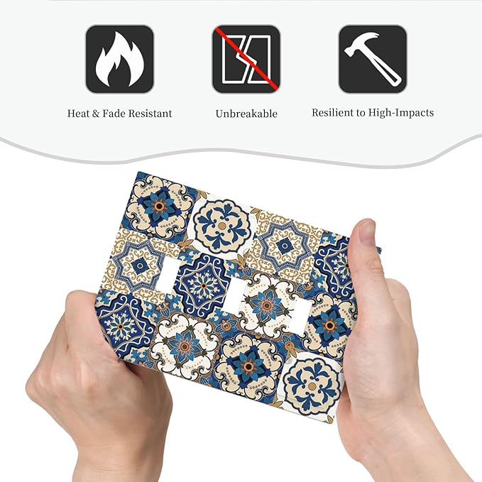 Boho Talavera Decorative Tile Moroccan Mandala Print Decorative Switch Plates 3 Gang Wall Plate Triple Toggle Light Switch Cover Faceplate Electrical Wall Panels for Bathroom Kitchen Decor