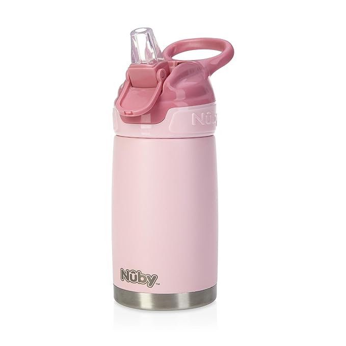 Nuby Thirsty Kids No Spill Flip-It Reflex Stainless Steel Travel Cup or Water Bottle - 10 Oz - 18+ Months - Pink - Back to School Essentials
