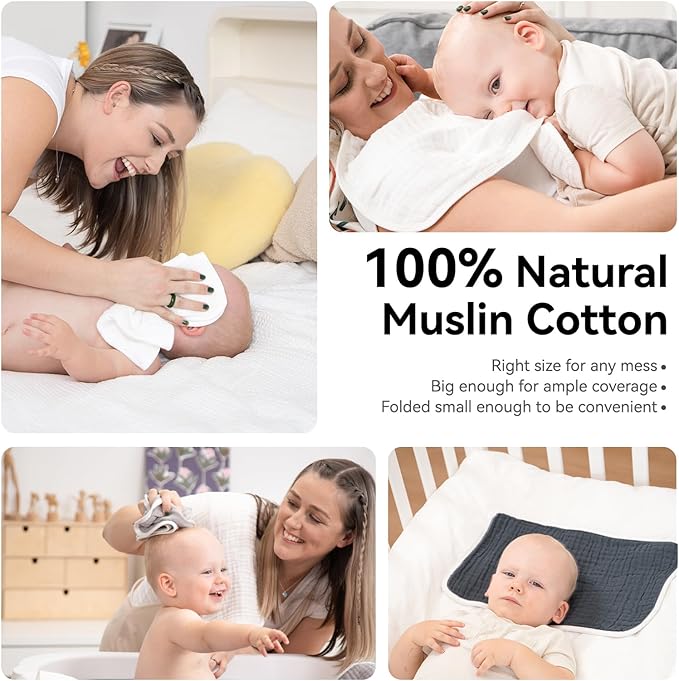Synrroe Burp Cloths Large, Muslin Burp Cloths for Baby Girls and Boys, Pack of 10 Extra Absorbent and Soft Muslin, 6 Layers 20 by 10 Inches 100% Cotton (White 10 Pack)