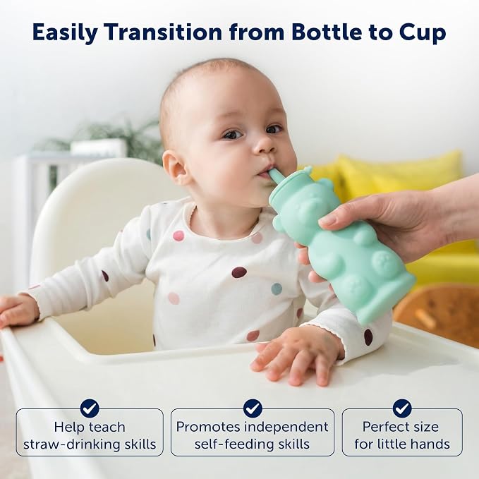 Silipint Honey Bear Straw Cup for Baby & Toddler – Soft Silicone Squeeze Training Straw Cup, Leak-Resistant Baby Sippy Cup for Bottle Transition, BPA Free, Dishwasher Safe, 8 oz Green