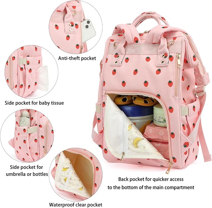 Corduroy Diaper Bag Backpack for Baby Girls Boys, Women Large Nappy Bags for Mom (Pink Corduroy Strawberry)