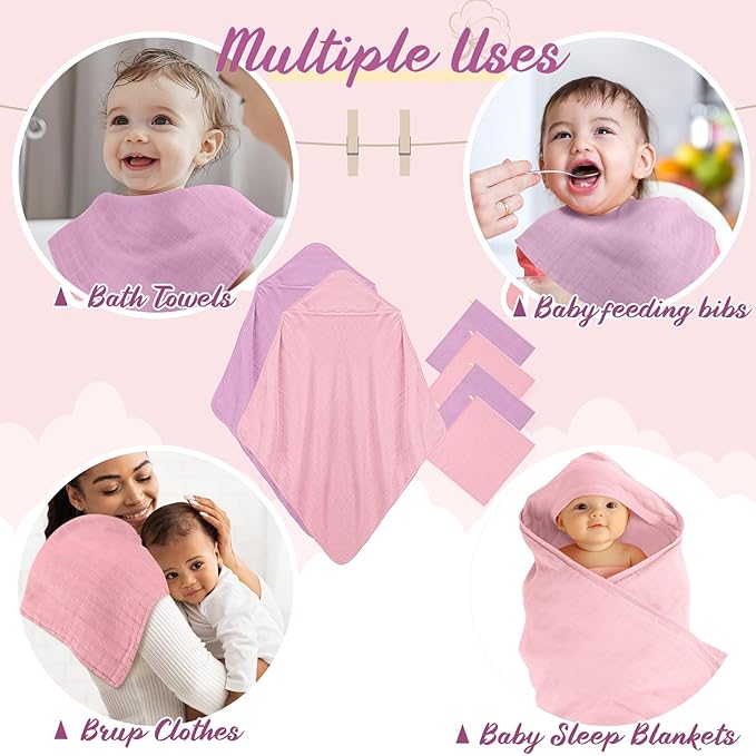 Preboun 6 Pcs Muslin Hooded Baby Towels and Washcloths 32"x 32" Cotton Newborn Bath Towel Anti-Shrink Infant Baby Blankets with Hood 12"x 12" Washcloths for Girl Boy Toddler(Light Pink,Purple)
