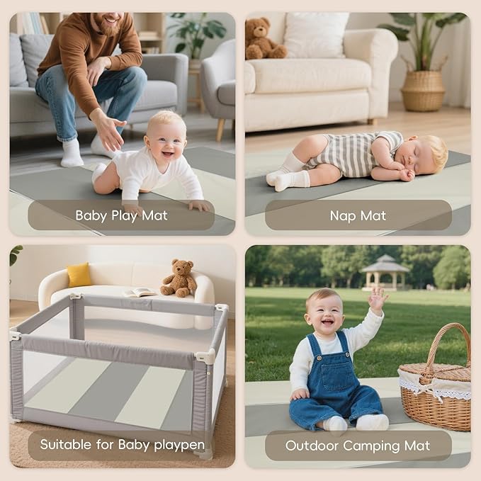 Suihuooo Baby Play Mat Foldable, 1.2" Thick Waterproof Playmats for Floor, Thicken Foam Playmat for Tummy Time, 47x47 Playpen Mat, Portable Baby Floor Mat for Infant, Toddler, Beige & Gray
