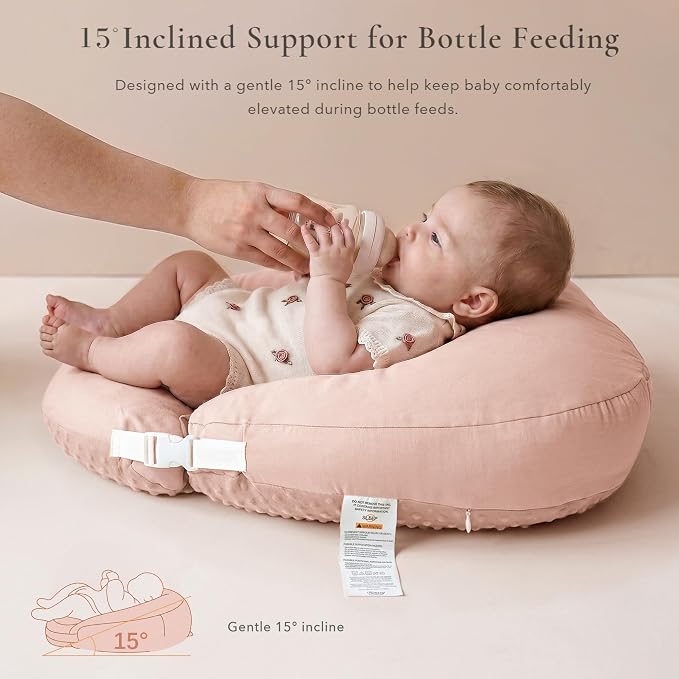 Konssy Nursing Pillow for Breastfeeding and Bottle Feeding, Safety Guard Baby Feeding Pillow, Gentle Incline, Waist Strap, Side Pocket for New Moms Home and Travel
