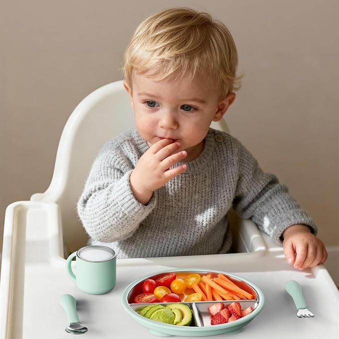 Bakpoco Stainless Steel Suction Plates for Toddlers, 8" Divided Kids Baby Plates with Removable Silicone Suction, Non Toxic Non Slip Portion Control Snack Dishes 3 Packs, Pink Lilac Sage