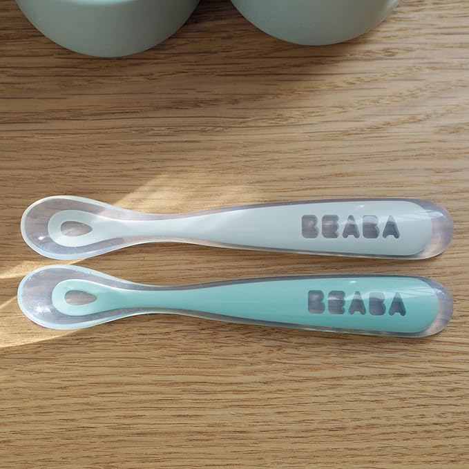 BEABA Baby's First Foods Spoon Set with Travel Case, Original Soft Silicone Baby Spoons, Baby Essentials, Travel Set, Sage + Cloud