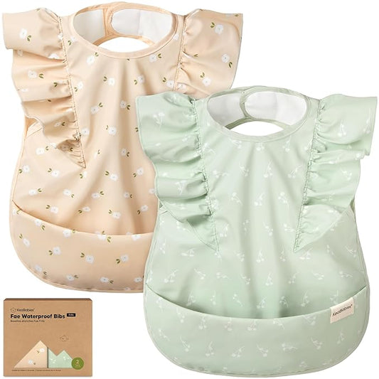 KeaBabies Waterproof Bibs for Baby Girl,Boy ??2-Pack Lightweight, Large Baby Bibs for Eating, Wearable Food Catcher, 6-12 Months Infant Feeding Essentials, Smock for Toddlers 1-3, Kids (Bloom)