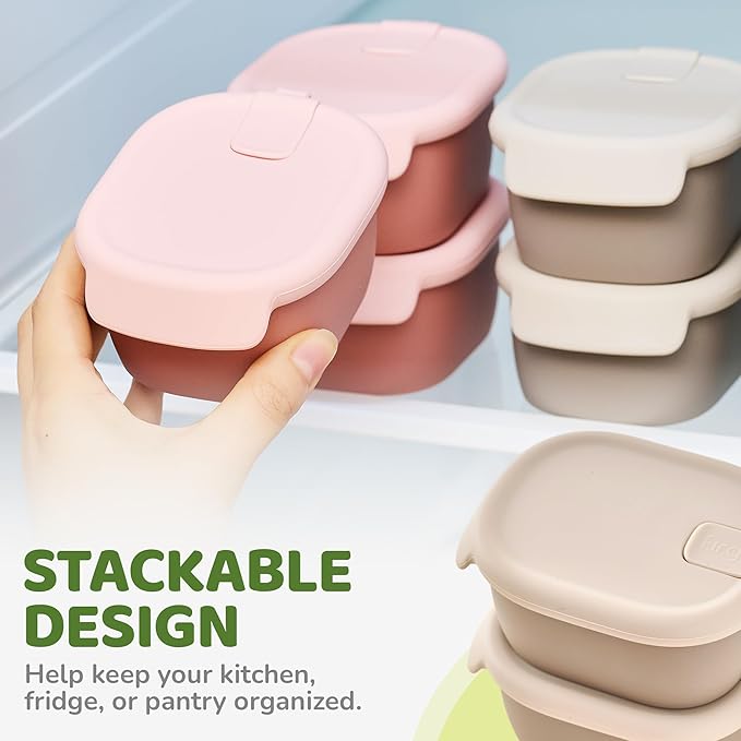 Baby Food Storage Containers ??Silicone BPA Free, Airtight Lid ??Microwave & Dishwasher Safe Baby Food Jars ??Reusable Containers with Lids ??Kids Snack Container - Taupe Brown