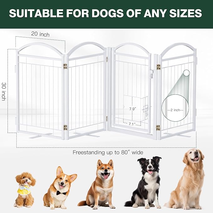 Metal Freestanding Dog Gate with Cat Door for Indoor & Outdoor,30" Tall Foldable Dog Fence,80" Extra Wide Freestanding Pet Gate for Large Openings,RV Camping,Stairs,Deck,Yard,Doorways(4 Panels,White)