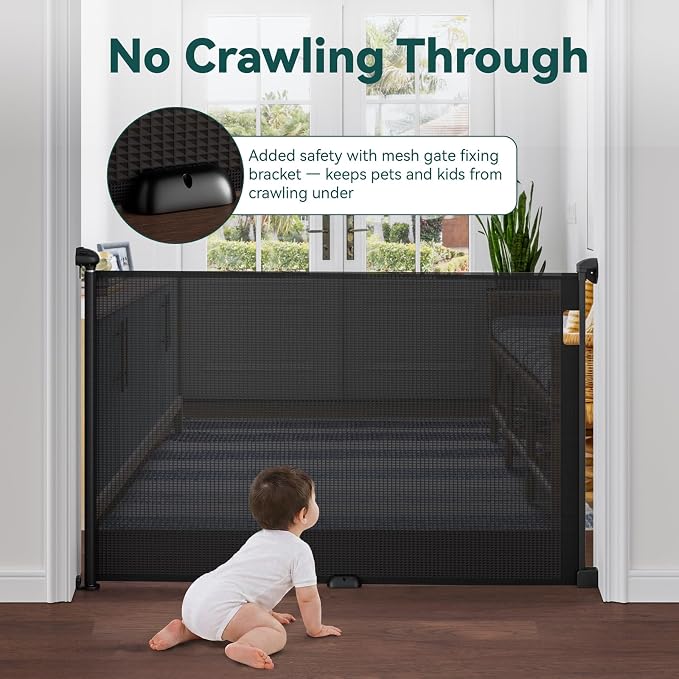 Babepai Retractable Baby Gates for Stairs, Retractable Dog Gate for Indoor/Outdoor Use | Child Gates for Doorways, Deck, Porch, Hallways, Patio (Black, 55" Wide 34" Height)