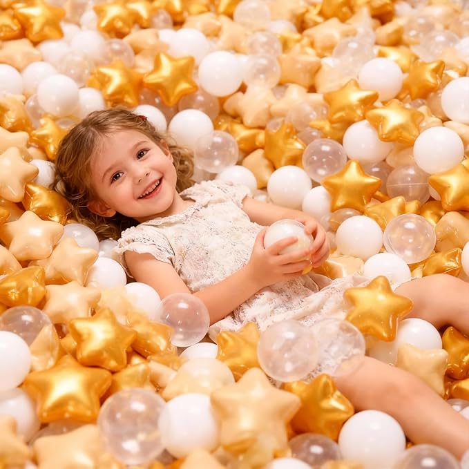 GOGOSO Ball Pit Balls with Starballs 100 - Crushproof Plasticballs for Babies Toddlers Kids Children for 1 2 3 4 5 Years Old,5 Colors,2.15inches, Beige Gold White Clear