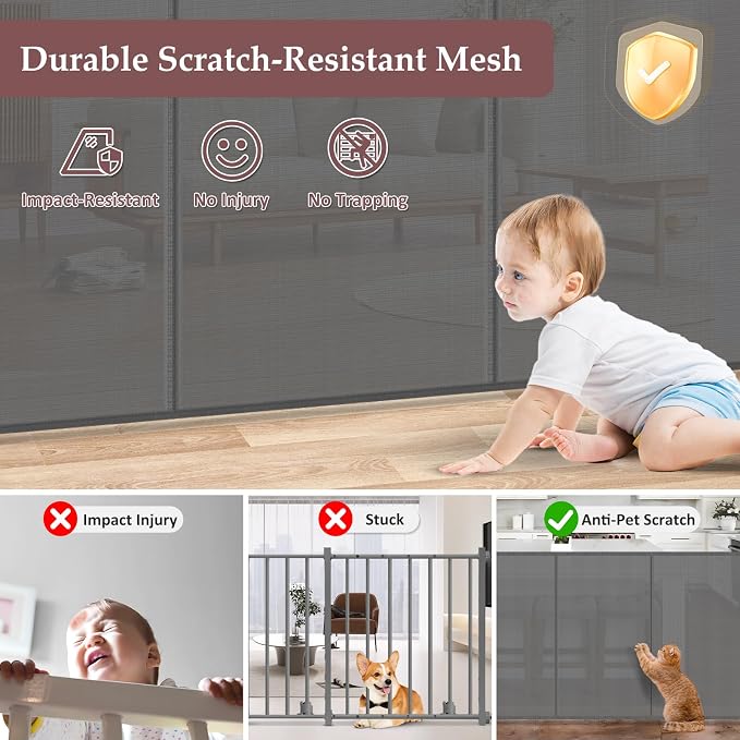 Reinforced 41 Inch Extra Tall Retractable Dog Gate 200" Extra Wide Retractable Baby Gate with Support Rods, Indoor Baby Fence for Living Room Outdoor Mesh Dog Gate Retractable Gates for Dogs, Gray