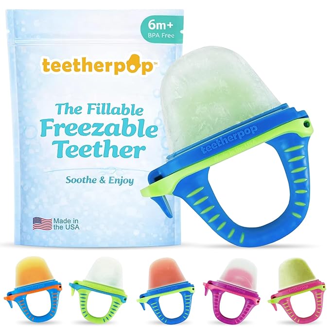 Teetherpop Fillable Freezable Teethers for Babies - Breastmilk Teether with Spill-Proof Sippy Slits ??Teething Popsicle for Baby, Liquids & Purées, Cooling Teething Relief Feeder Pacifier - BlueLime