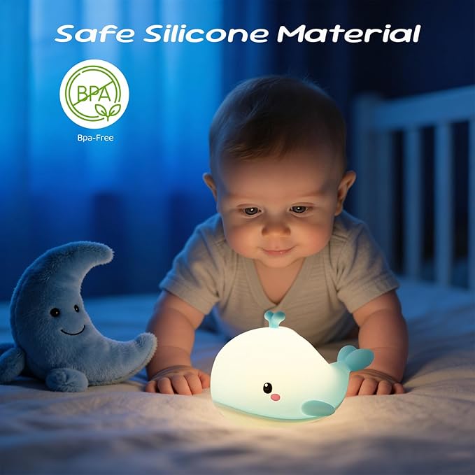 AVEKI Baby Whale Night Light, Soft Silicone Ocean Animal Light for Nursery, 3 Levels Brightness Portable Touch Bedside Lamp, Rechargeable Kid Nightlight Whale Gifts for Ocean Buddies