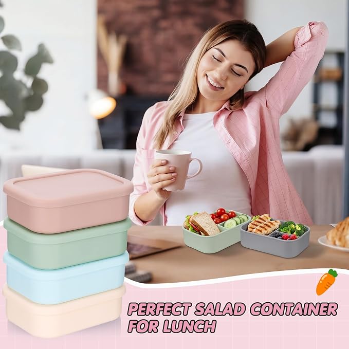 Layhit 6 Pcs Silicone Bento Box for Adults, 27 oz Bento Lunch Container Reusable Food Container for Women Men, Leak Proof Microwave Dishwasher Freezer Safe (3 Compartments,Morandi Colors)