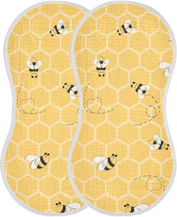 Cute Bee On Honey Yellow Honeycomb Muslin Burp Cloths for Baby 2 Pack 100% Cotton Baby Washcloths Bibs for Boy Girl