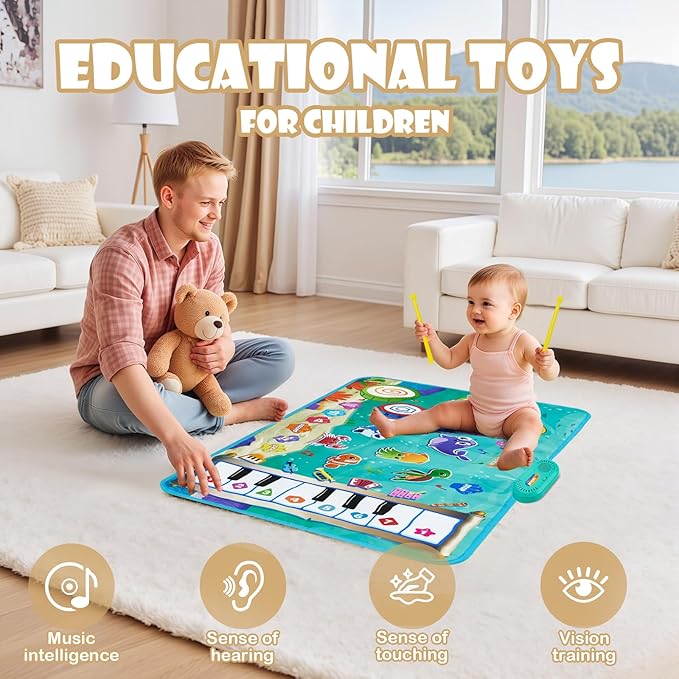 Baby Musical Play Mat,Early Educational 3 in 1 Floor Piano Drum Animal Touch 31.5"*19.6 " Play Blanket Montessori Sensory Musical Learning Toys,Baby Birthday (Sea Pattern)