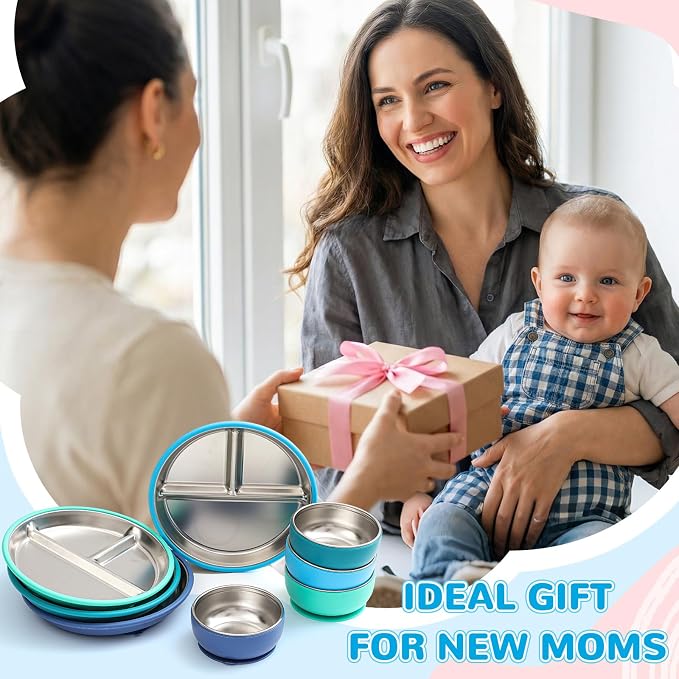 Havawish 8 Pcs Stainless Steel Baby Plate and Bowls with Suction, 8.3" Kid Divided Plate and 4" Toddler Bowl with Removable Silicone, BPA-free Non-slip Baby Feed Set Dishwasher Safe for Boy Girl(Blue)