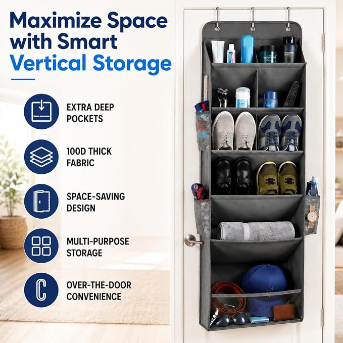 6 Tier Hanging Shoe Organizer – 100D Extra Thick Deep Pockets, Shoe Rack for Closet, Shoe Rack for Entryway, Shoe Organizer for Closet, Over the Door Shoe Organizer with 4 Side Pockets (Dark Gray)