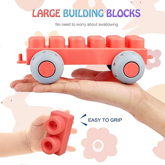80PCS Baby Building Blocks Set with Storage Bucket, Blocks for Babies 6 Months and Up STEM Educational Toddler Gifts, Rubber Soft Blocks Big Building Blocks Sensory Stacking Toys