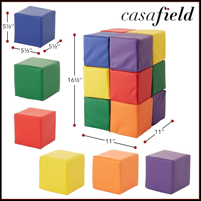 Casafield Toddler Foam Building Blocks (12-Piece Set), 5.5" x 5.5" Soft Play Colorful Kids Stacking Cubes for Daycare, Nursery, Preschool