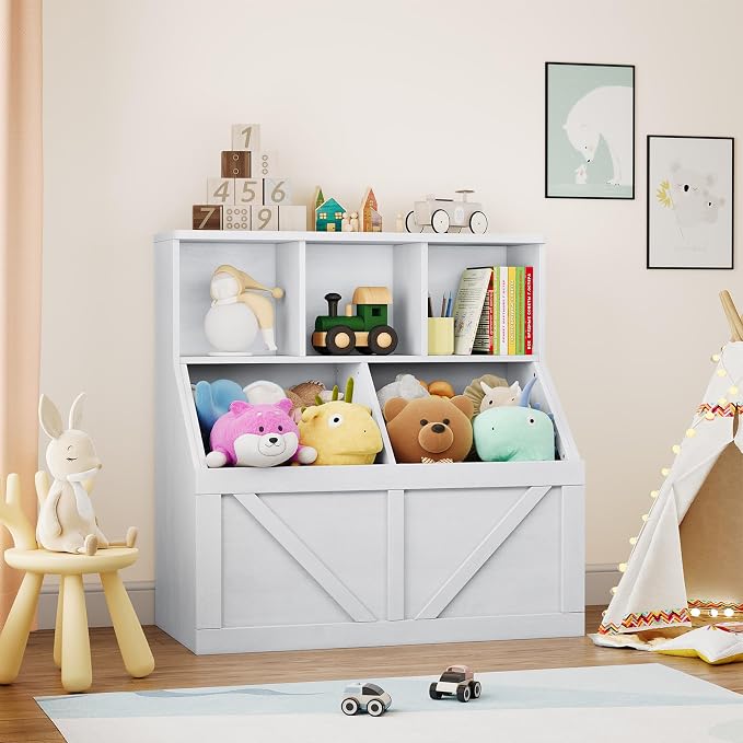 Kids Bookshelf and Toy Storage, Toy Storage Organizer, Toy Organizer with Storage Cabinet and Toy Shelf, Toddler Book Shelf for Kids Rooms, Playroom, Bedroom, Nursery, Daycare, Vintage White