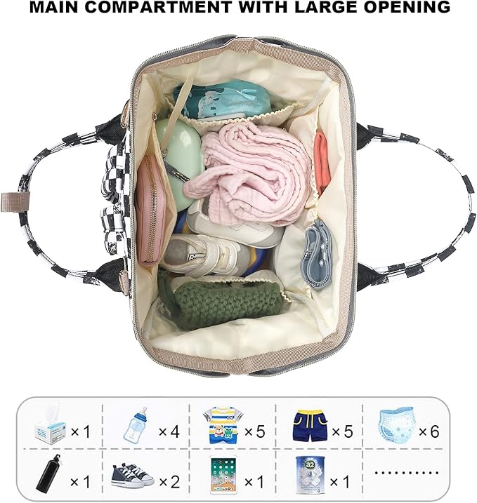 Marble Checkered Baby Diaper Bag Backpack for Women, Large Capacity Waterproof Maternity Travel Nappy Backpacks with Stroller Straps