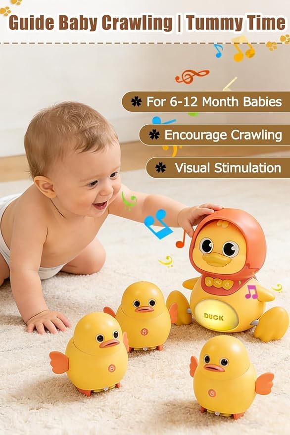 JUYEE Baby Crawling Toys Set of 3 - Magnetic Ducks Family for Infants 6-9-12 Months, Tummy Time Toys with Music & Lights, 1st Birthday Gift for Boys and Girls(3-Pack)