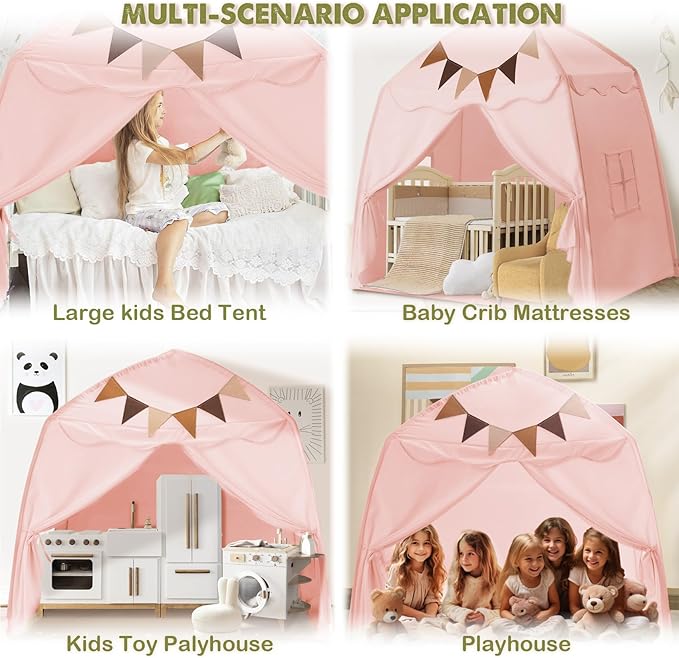 Extra Large Toddler Bed Tent & Kids Play Tent Bed Tent with Flags & Star Lights, Portable & Foldable Teepee, Indoor Outdoor Dome Tent Playhouse, 59x39x59 in,Pink