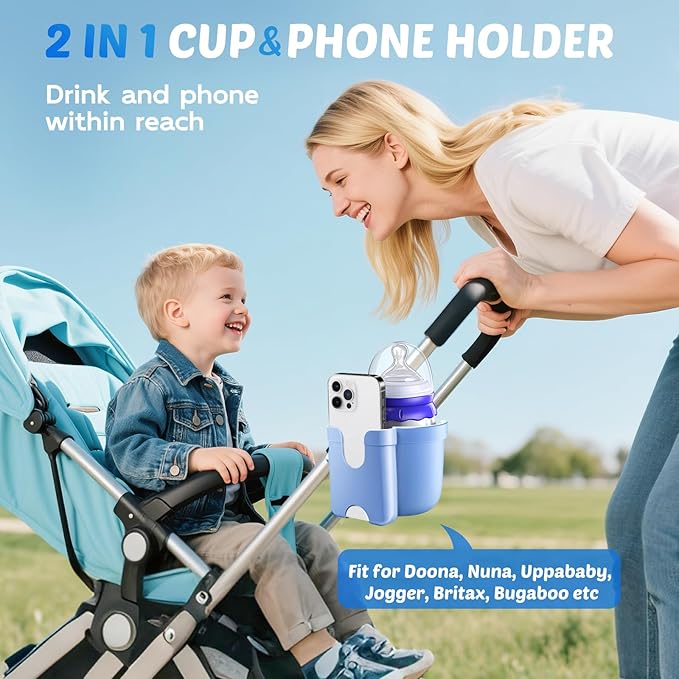 Stroller Cup Holder with Phone Holder, Guiseapue Cup Holder for Walker, Wheelchair/Bike/Rollator/Scooter Stroller Accessories for Uppababy, Nuna, Doona, Baby Travel Essential