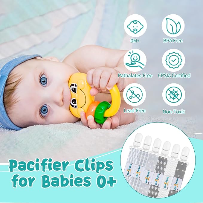 babygoal Neutral Grey Pacifier Clips, 6 Pack Binky Paci Holder Clip Leashes Fits for Most Baby Pacifiers and Binkies