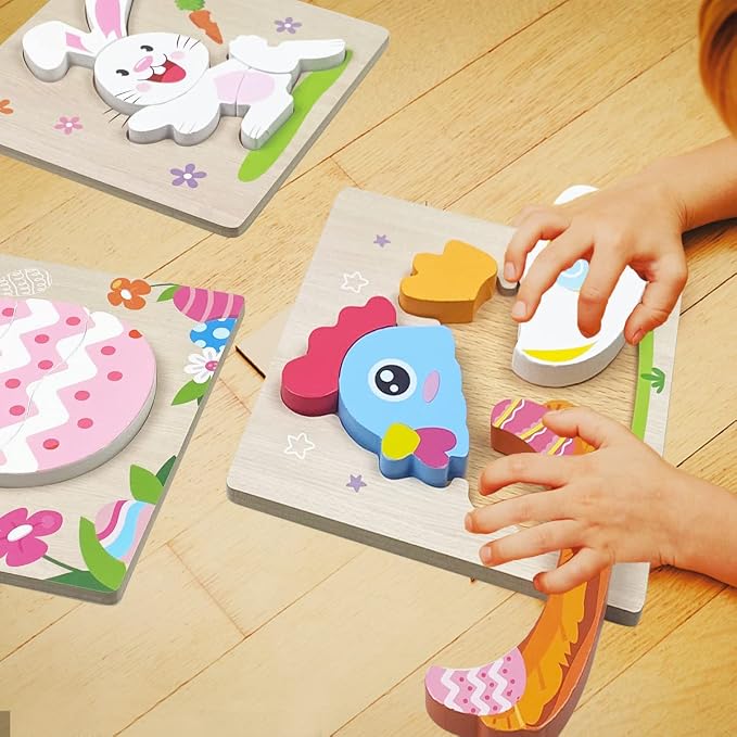 Anditoy 4 Pack Easter Wooden Puzzles Toys for Kids Toddlers Easter Basket Stuffers Gifts Party Favors