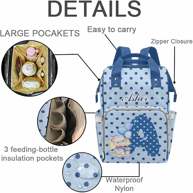 M YESCUSTOM Personalized Diaper Bag Backpack with Name Letter Custom Polka Dot Mommy Bag for Men Women Customized Newborn Gift