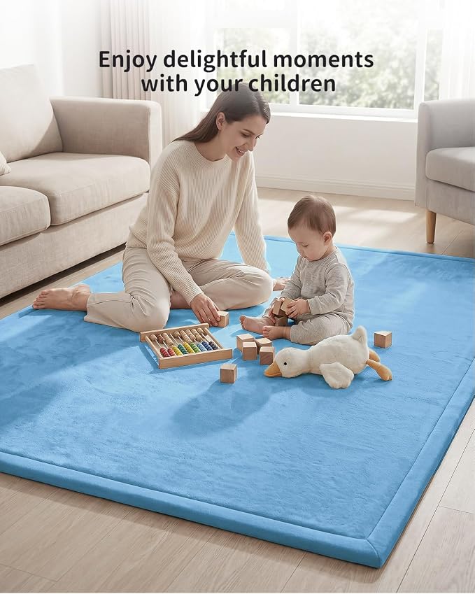 Goyuu Ultra Soft 1.3" Thick Baby Play Mat for Floor, 59x71 Playpen Mat Elasti-Foam Padded Crawling Mat for Babies, Toddlers, Infant, Kids, Non-Slip Backing Safe for Tummy Time Blue