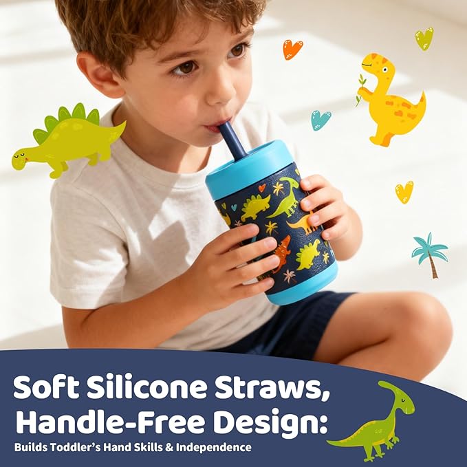 Sursip Toddler Kids Insulated Tumbler with Straw and Lid, 12 oz Vacuum Stainless Steel Sippy Cup Spill Proof with Transparent Visible Lid, BPA Free & Dishwasher Safe - Planet