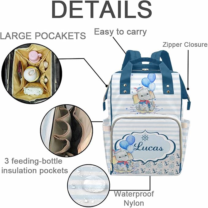 M YESCUSTOM Custom Diaper Bag Backpack with Name Personalized Mommy Bag Customized Newborn Gift Indoor Outdoor Use Blue and White Stripes