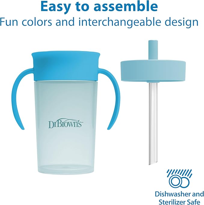 Dr. Brown's Milestones Straw to 360 Convertible Toddler Training Cup Set with Interchangeable Silicone Straw and 360 Degree Cup Lids, Blue Ocean, 10 oz/300 mL, BPA-Free, 9m+, 2-Pack