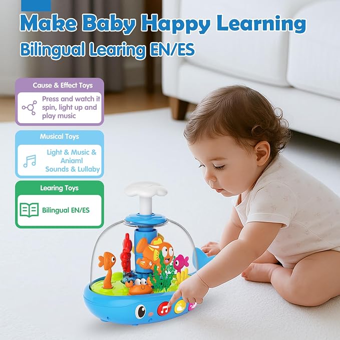 Baby Toys for 1 Year Old Boy Girl Gifts - Baby Toys 6-12-18 Months Press & Spin Aquarium Musical Light Up Infant Toy - Bilingual Learning Tummy Time Cause and Effect Toy for 7 8 9 10 11 Months