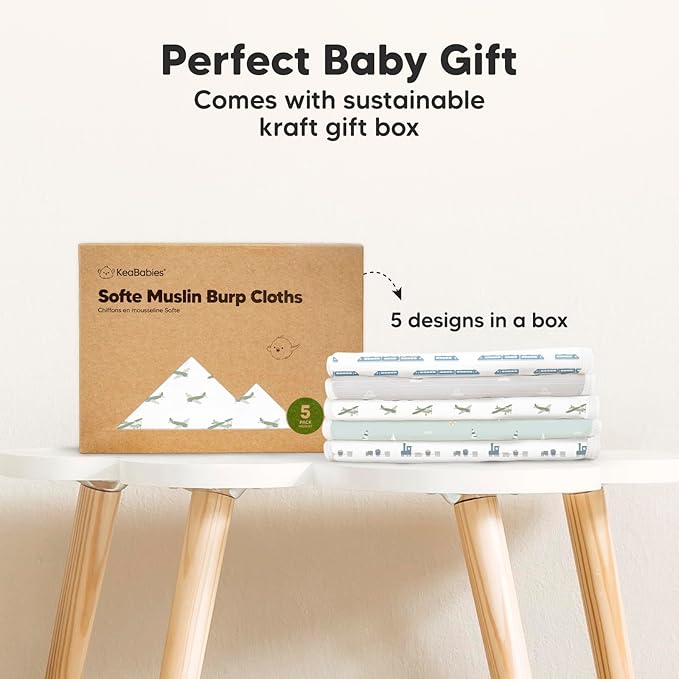 5-Pack Muslin Burp Cloths Baby Boy, Girl - Very Absorbent Baby Burp Cloth Rags, 8-Layers Viscose Derived from Bamboo Cotton Muslin Towel, Super Soft Spit Up Rags, No Shrink Washcloths (Vessels)