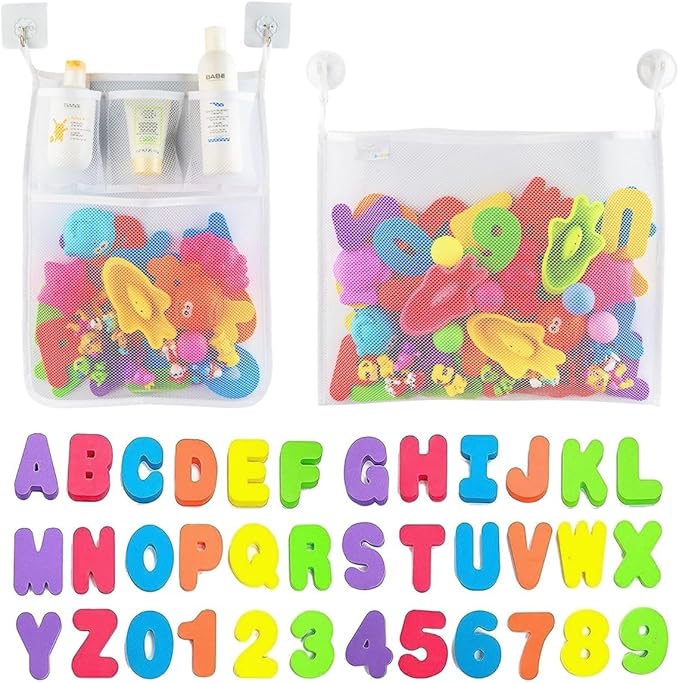 Comfylife 2 x Mesh Bath Toy Organizer + 6 Ultra Strong Hooks + 36 Bath Letters & Numbers ??Eco-Safe, Fun, Educational Foam Letters and Perfect Toy Storage Net for Baby Bath Toys & More