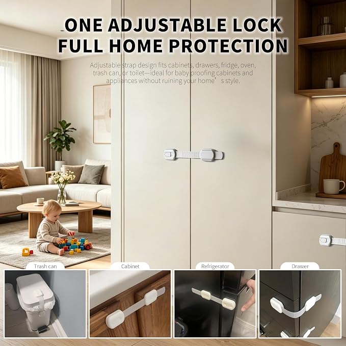 Baby Safety Locks for Cabinets & Drawers (10 Pack) – Child Proof Cabinet Locks with Strong 3M Adhesive, No Drill Safety Latches for Kitchen, Bathroom, Fridge & Cupboards