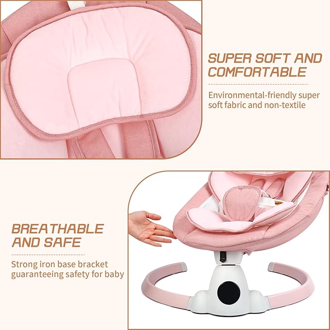 Uuoeebb Baby Swing for Infants, Portable Electric Baby Swings with Bluetooth, 5 Swing Speed, 10 Melodies, 5-Point Harness, Remote Control & Touch Panel - Infant Swing for Indoor & Outdoor Use, Pink