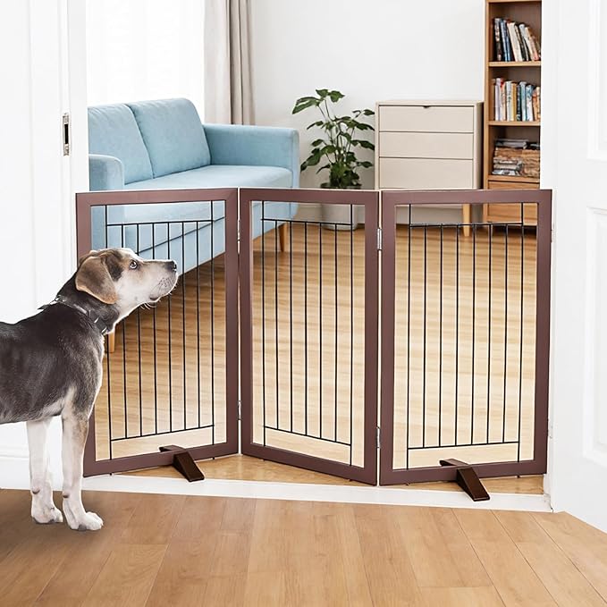 Dog Fence Indoor - 3-Panel Freestanding Dog Gate for Doorways, Hallways, House or Stairs -60x32-Inch Retractable Foldable Expandable Wood Pet by SFJC (Brown)