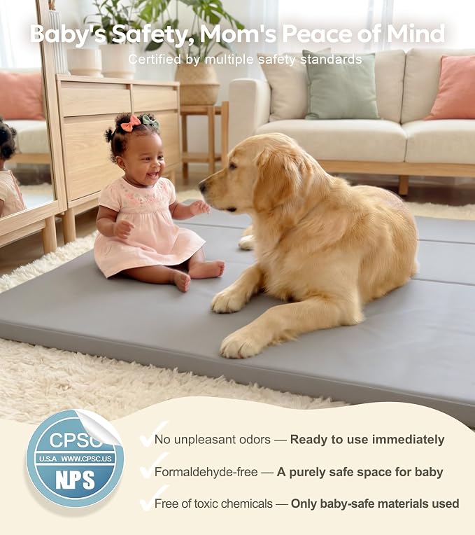 Mallify Foldable Baby Play Mat, 50''x50'' Waterproof Thicken Foam Vegan Leather Playpen Mat for Infants and Toddlers, Portable Baby Mat for Floor, Grey