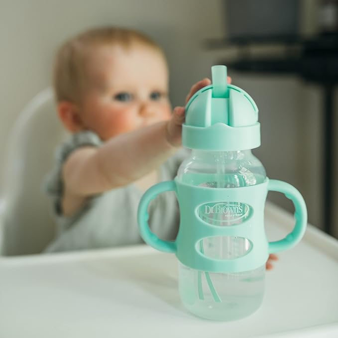 Dr. Brown's Wide-Neck Sippy Straw Bottles with Silicone Handles, Gray and Green, 9oz/270ml, 2-Pack