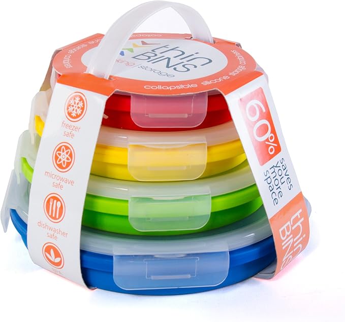 Thin Bins Collapsible Containers Set of 4 Round Silicone Food Storage Containers BPA Free, Microwave, Dishwasher and Freezer Safe - No more cluttered container cabinet! SC-149A