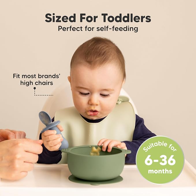 KeaBabies 3-Pack Silicone Baby Spoons and 2-Pack Baby Bowls with Suctions, Lids - Toddler First Food Training Spoon - Silicone Suction Bowls for Boy, Girl